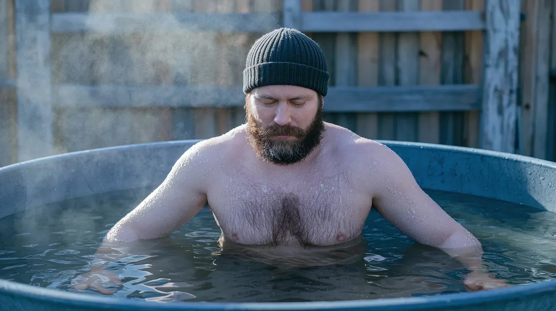 Man in een warm bad met stoom, gericht op minimale koudetraining voor optimaal resultaat.