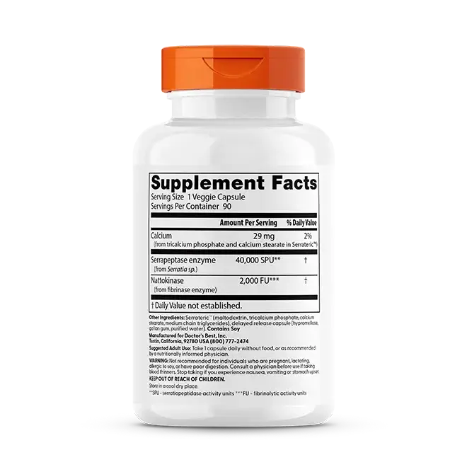 Natto-Serra - 90 capsules supplement facts label showing enzyme content and nutritional information.