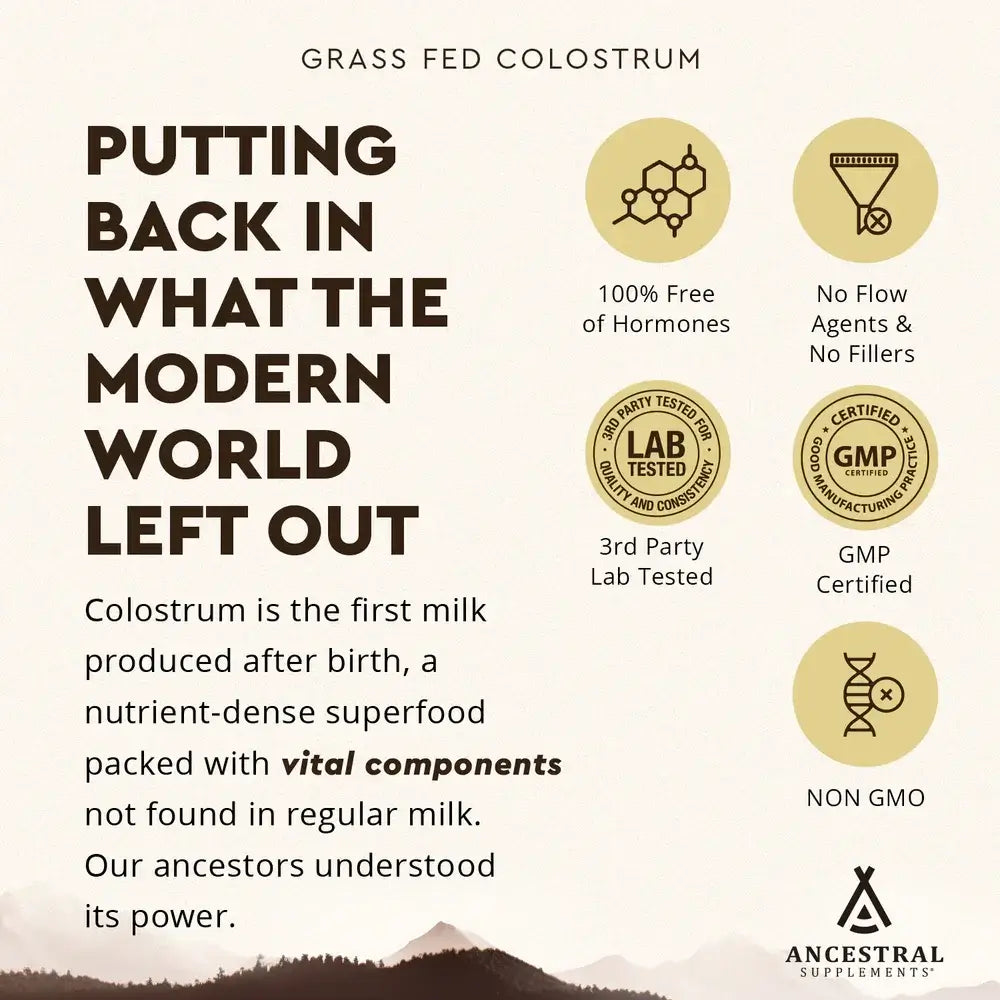 Grasgevoerde Runder Colostrum Poeder - 119 gram met gezondheidsvoordelen en kwaliteitslabels.