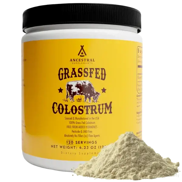 Grasgevoerde Runder Colostrum Poeder - 119 gram in een pot met poeder voor voedingssupplementen.