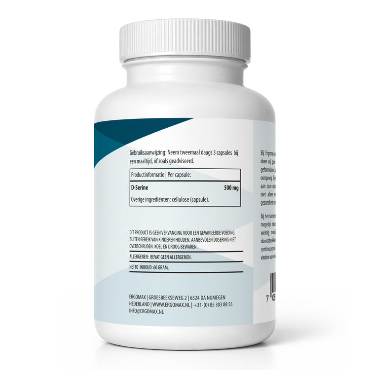 D-Serine supplementflacon met gebruiksaanwijzing en ingrediëntenlijst, 60 capsules van Ergomax.