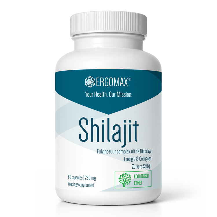 Shilajit van Ergomax in een pot met 60 capsules, voedingssupplement voor energie en collageen.