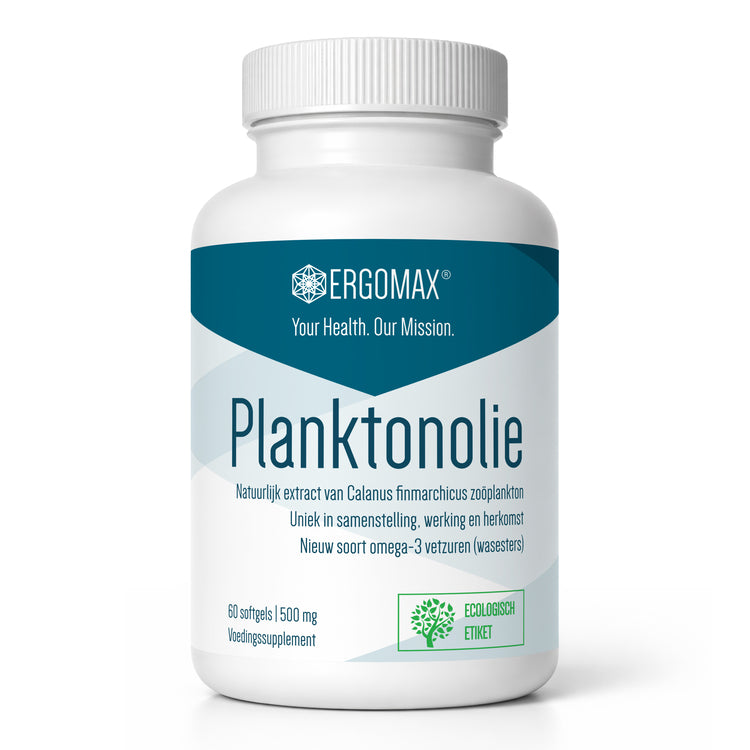 Omega-3 Planktonolie van Ergomax in een fles met 60 softgels voor voedingssupplementen.