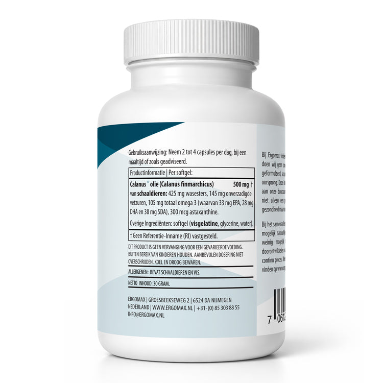 Verpakking van Omega-3 Planktonolie met voedingsinformatie en ingrediënten op de achterzijde.