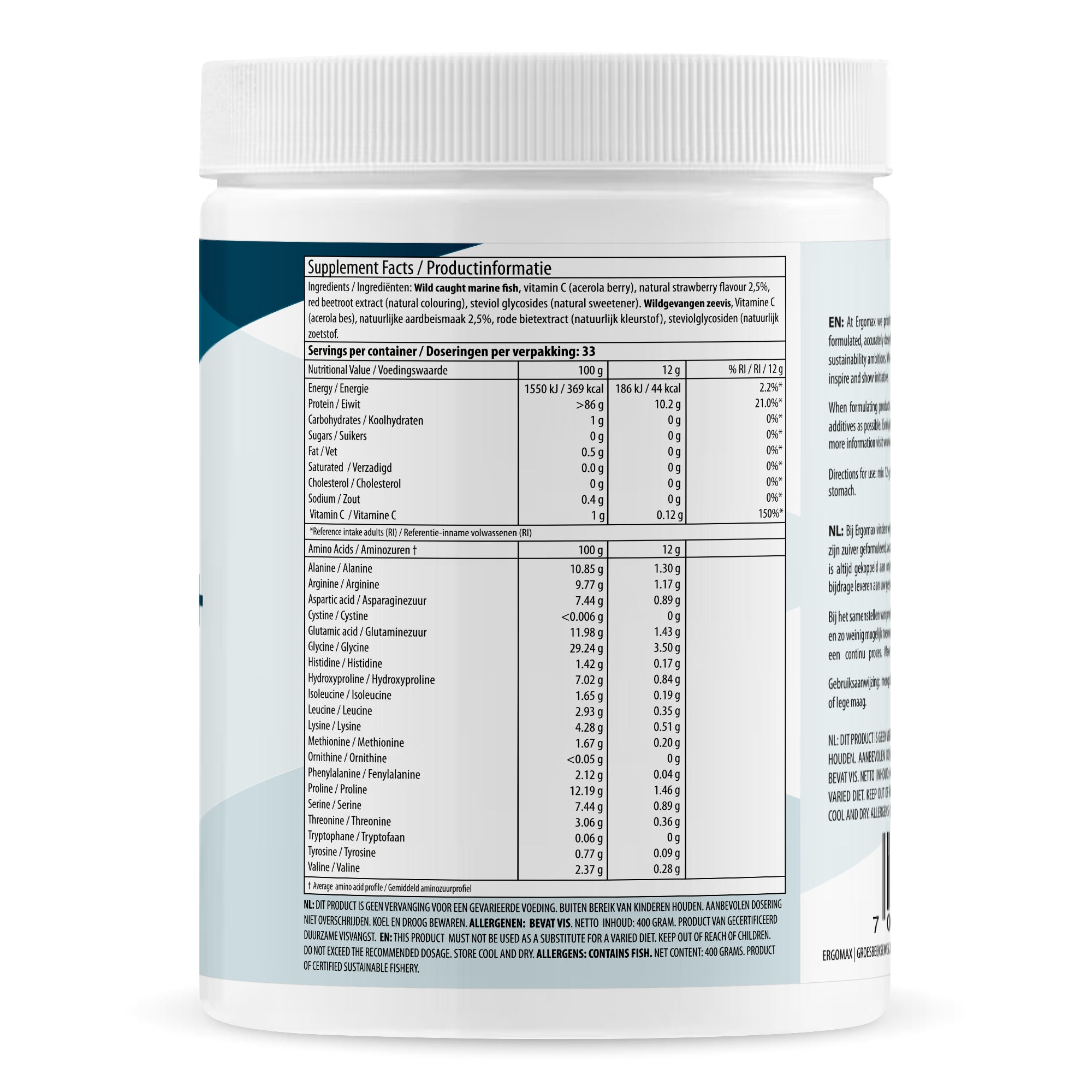 Collageen Hydrolysaat+ (Wilde Zeevis) - Aardbei - 400 gram