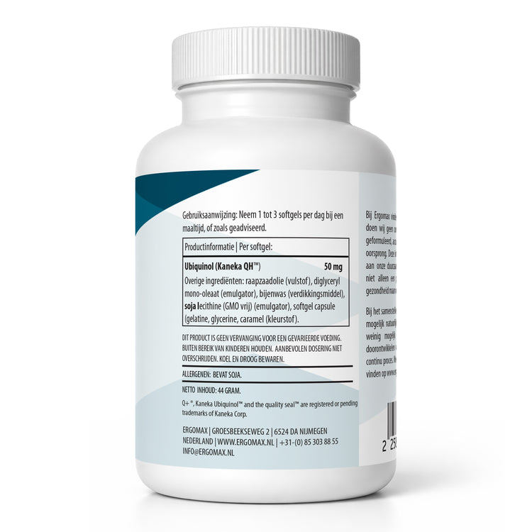 Ubiquinol - Kaneka QH® verpakking met gebruiksinformatie en voedingsstoffen, 60 softgels