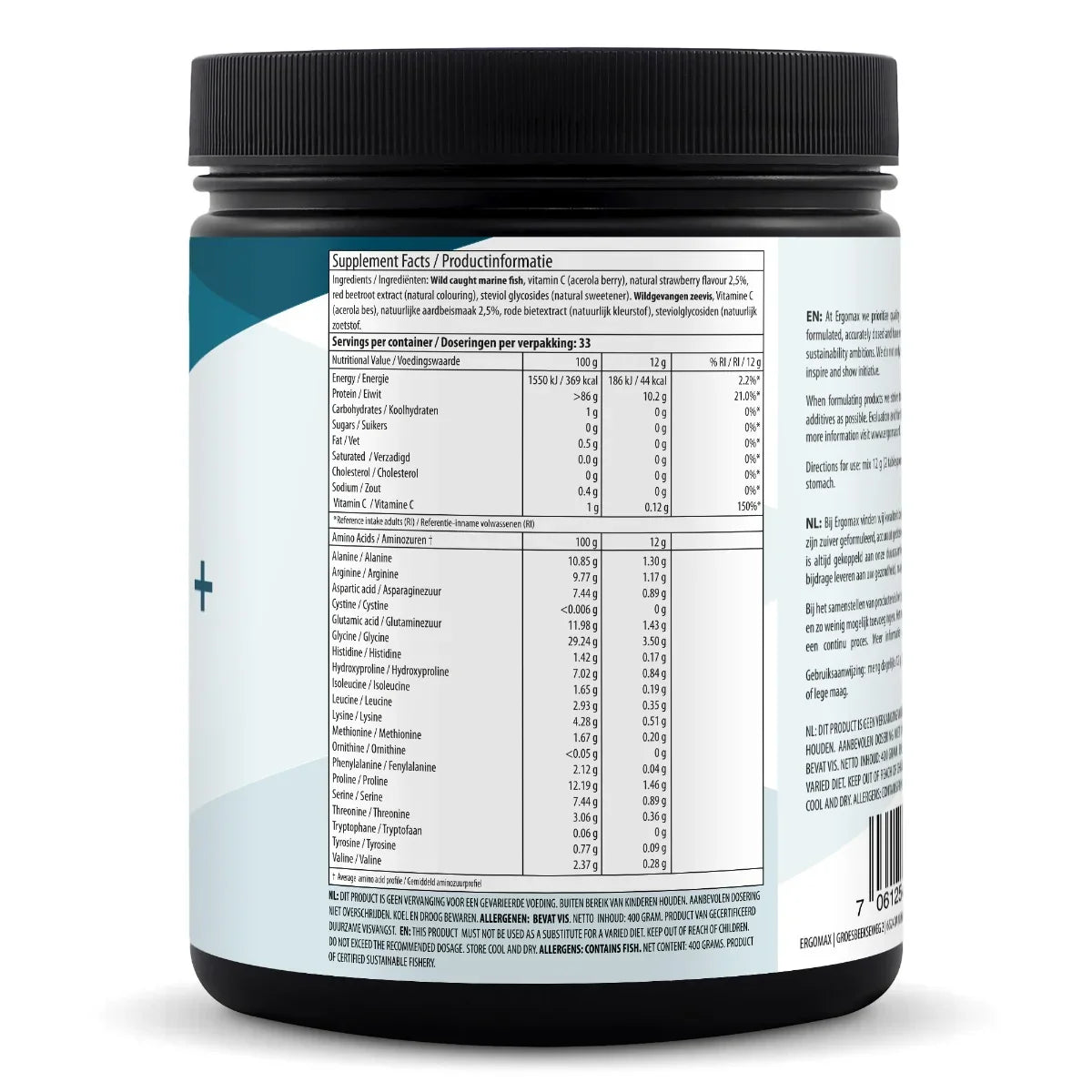 Gelatine - Collageen Hydrolysaat+ (Wilde Zeevis) - Aardbei - Ergomax