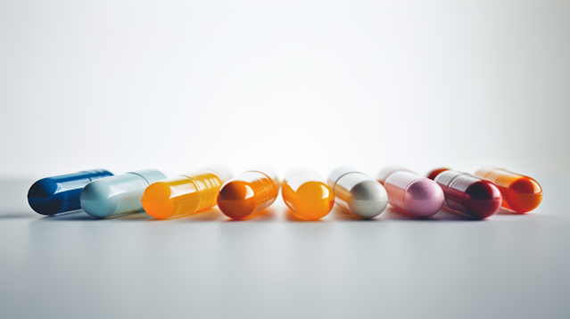 Rij kleurrijke capsules op een witte ondergrond