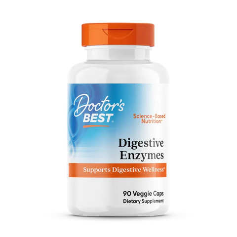 Spijsverterings Enzymen van Doctor's Best in een fles met 90 plantaardige capsules voor spijsverteringsondersteuning.