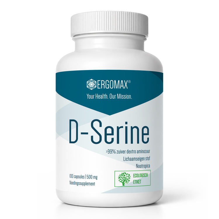 D-Serine van Ergomax in een witte fles met 100 capsules, een supplement voor noötrische ondersteuning.