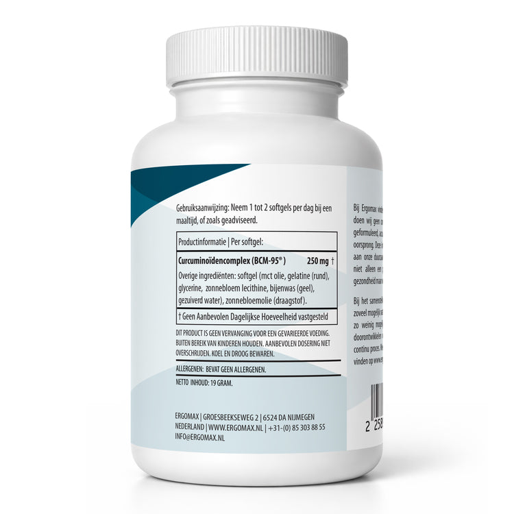 Curcuma - BCM-95® - verpakking van 30 softgels met gebruiksaanwijzing en ingrediëntenlijst.