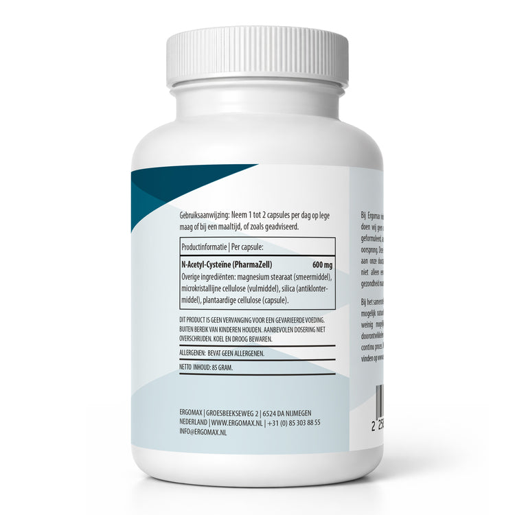 N Acetylcysteïne (NAC) capsules van Pharmazell met gebruiksaanwijzing en voedingsinformatie.