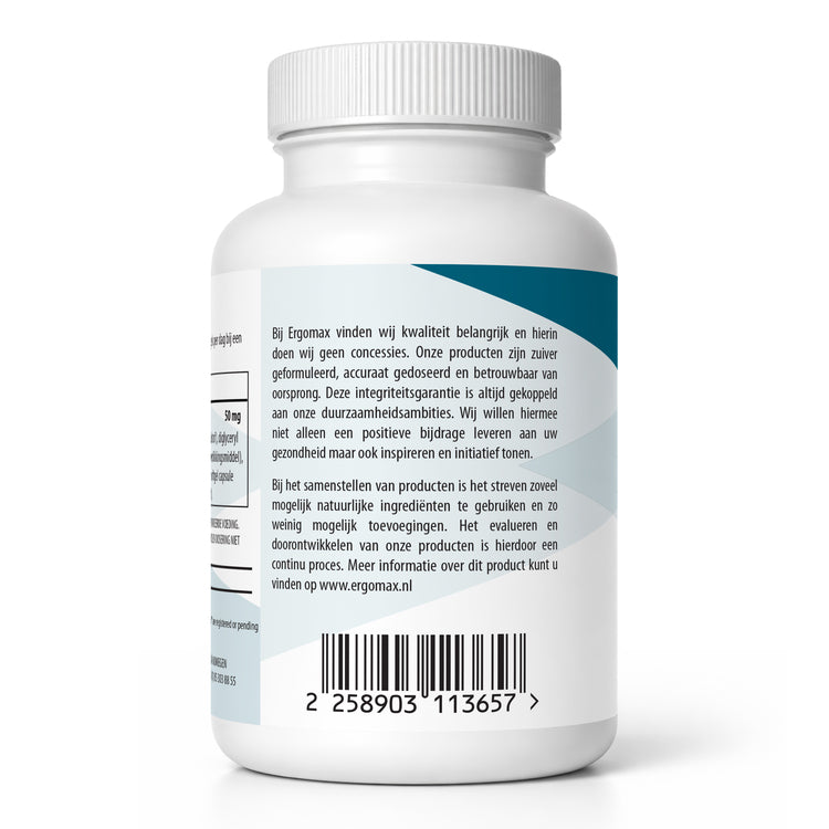 Ubiquinol - Kaneka QH® supplement in een witte fles, achterkant met informatie en ingrediënten.