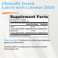 Supplement facts of Luteïne & Zeaxanthine with Lutemax® 2020 in 60 softgels.