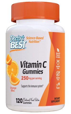 Vooraanzicht van Doctor's Best Vitamine C Gummies, 120 gummies met sinaasappelsmaak, 250 mg vitamine C per portie